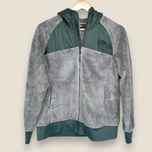 The North Face Oso Fleece Hoodie Jacket Women Medium Green Gray Pockets Outdoor